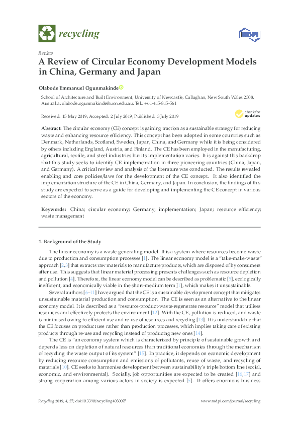 (PDF) A Review of Circular Economy Development Models in China, Germany ...