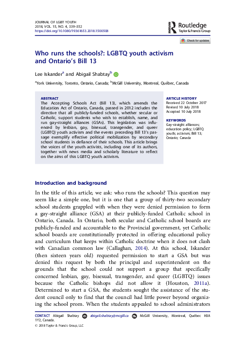 (PDF) Who runs the schools?: LGBTQ youth activism and Ontario's Bill 13
