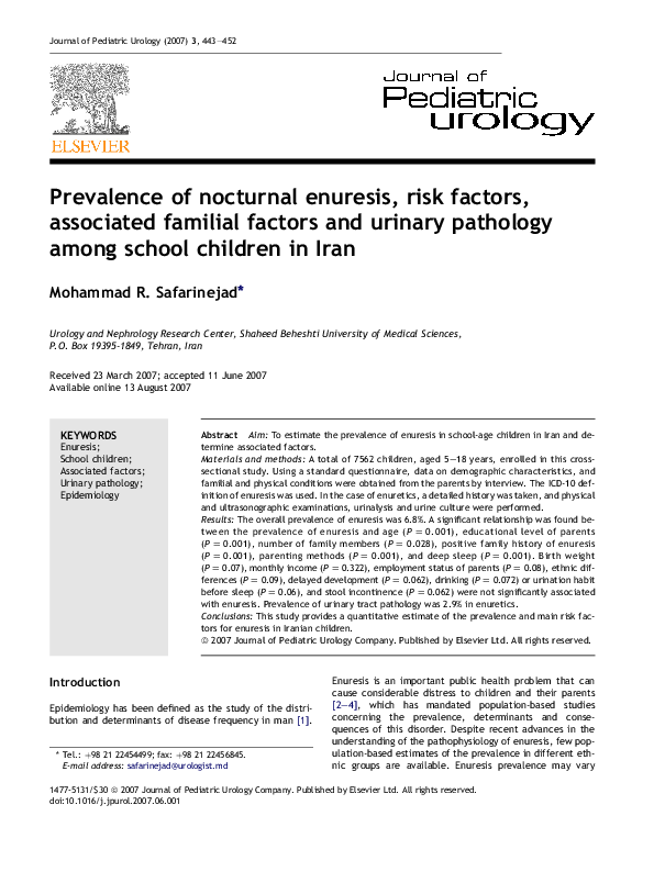 (PDF) Prevalence of nocturnal enuresis, risk factors, associated