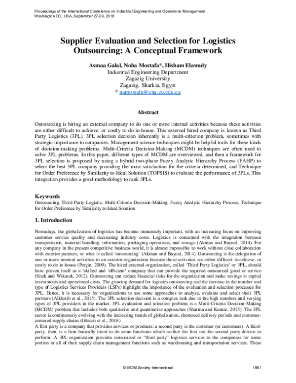 (PDF) Supplier Evaluation and Selection for Logistics Outsourcing: A ...