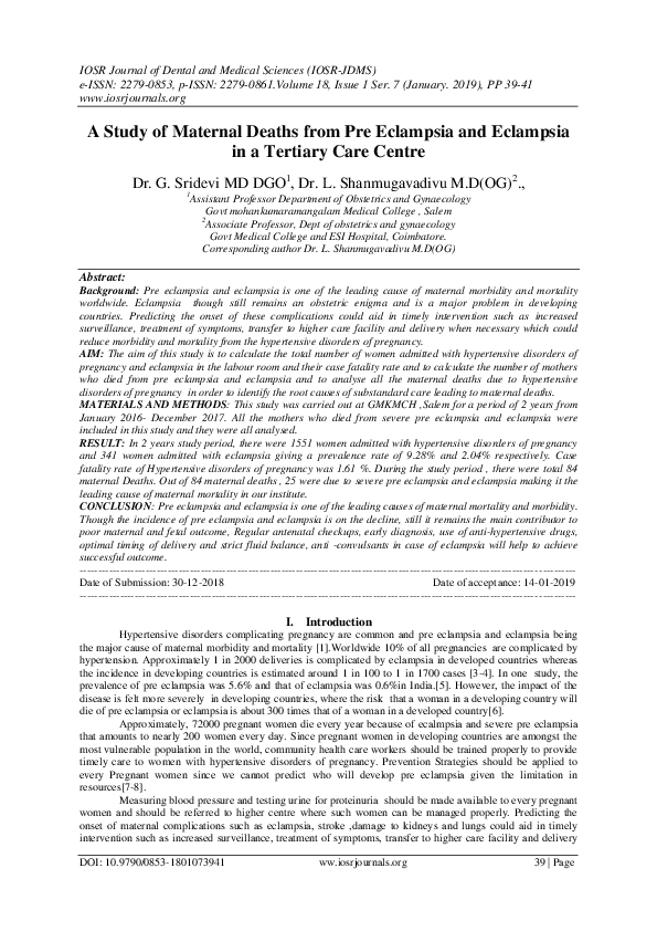 (PDF) A Study of Maternal Deaths from Pre Eclampsia and Eclampsia in a