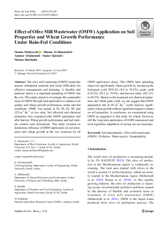 (PDF) Effect of Olive Mill Wastewater (OMW) Application on Soil ...
