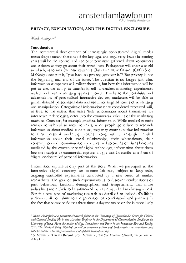 (PDF) Privacy, Exploitation and the Digital Enclosure