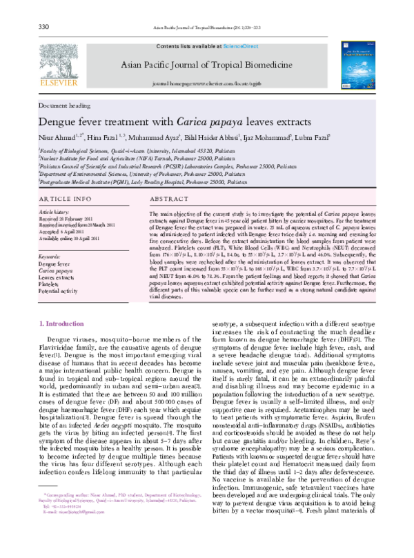 Pdf Dengue Fever Treatment With Carica Papaya Leaves Extracts Asian Pacific Journal Of Tropical Biomedicine Muhammad Ayaz Academia Edu