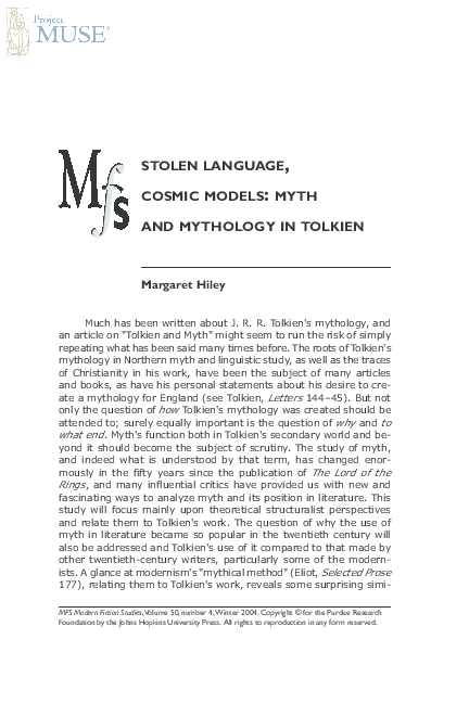 Stolen Language, Cosmic Models: Myth and Mythology in Tolkien