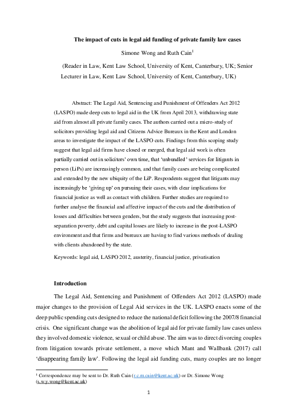 (DOC) The impact of cuts in legal aid funding of private family law cases