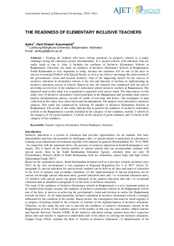 (PDF) THE READINESS OF ELEMENTARY INCLUSIVE TEACHERS