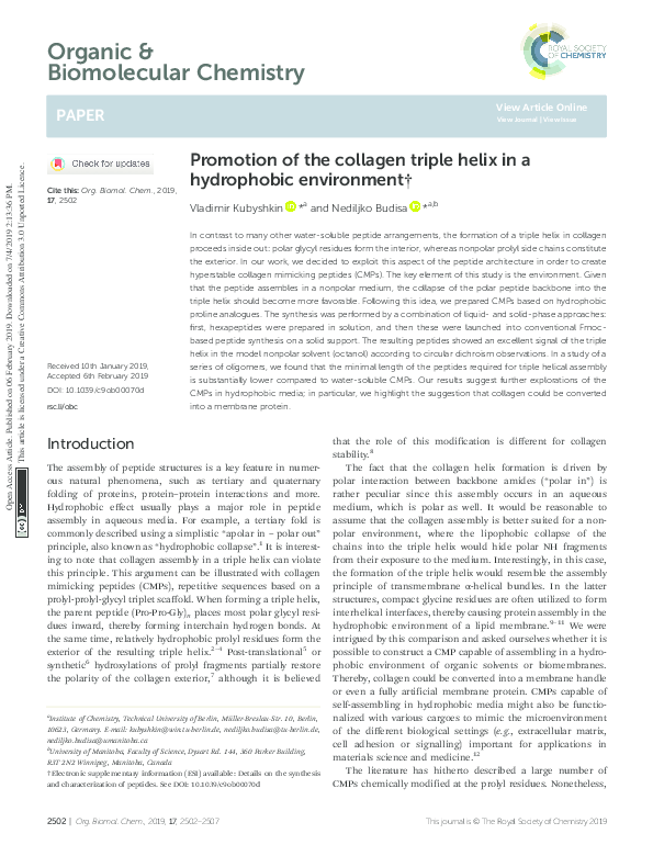 (PDF) Promotion of the collagen triple helix in a hydrophobic environment