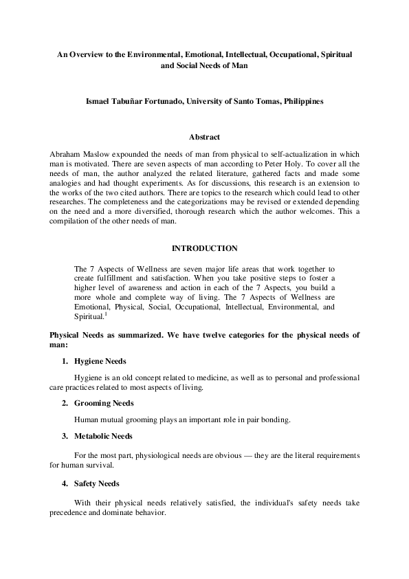 An Overview to the Environmental, Emotional, Intellectual, Occupational, Spiritual and Social Needs of Man