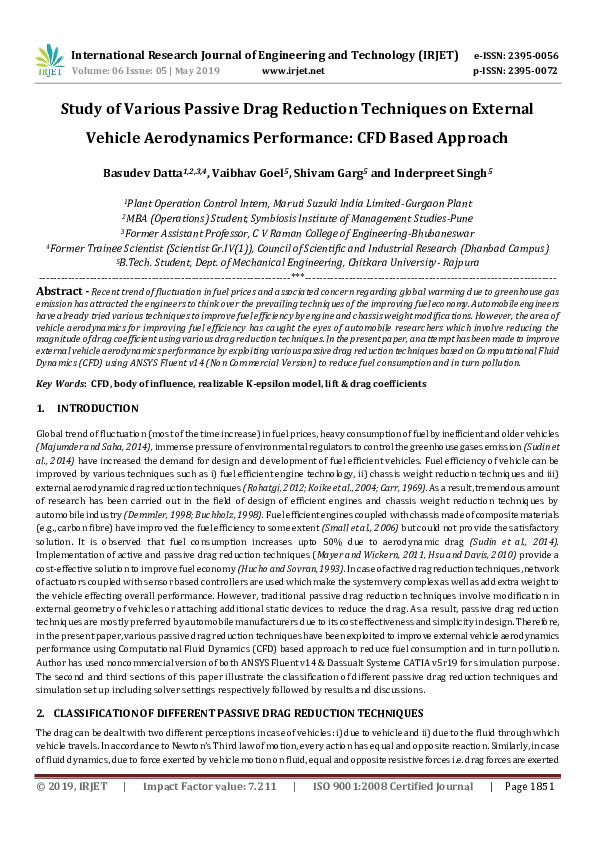 (PDF) IRJET- Study of Various Passive Drag Reduction Techniques on ...