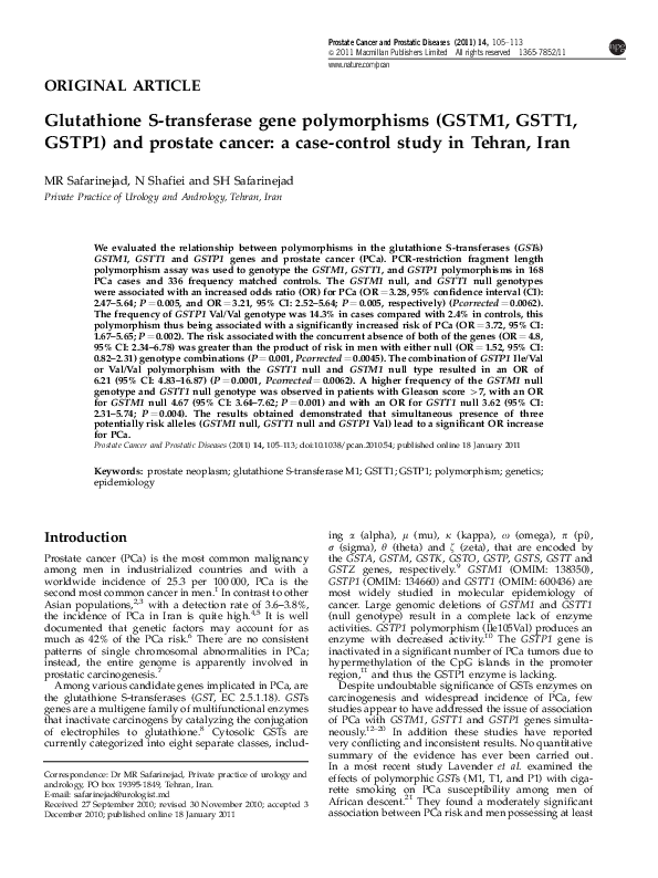 (PDF) Glutathione S-transferase gene polymorphisms (GSTM1, GSTT1, GSTP1 ...
