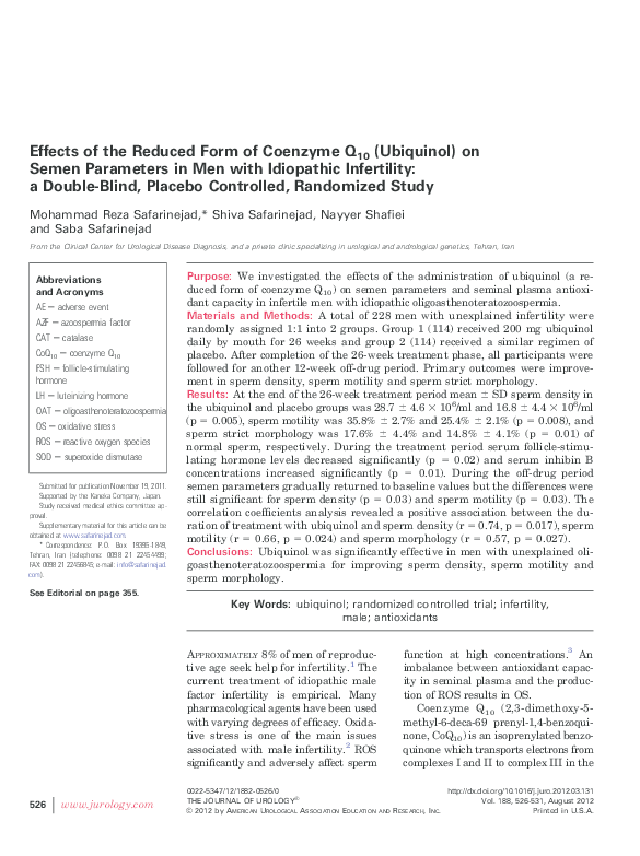 (PDF) Effects of the Reduced Form of Coenzyme Q 10 (Ubiquinol) on Semen