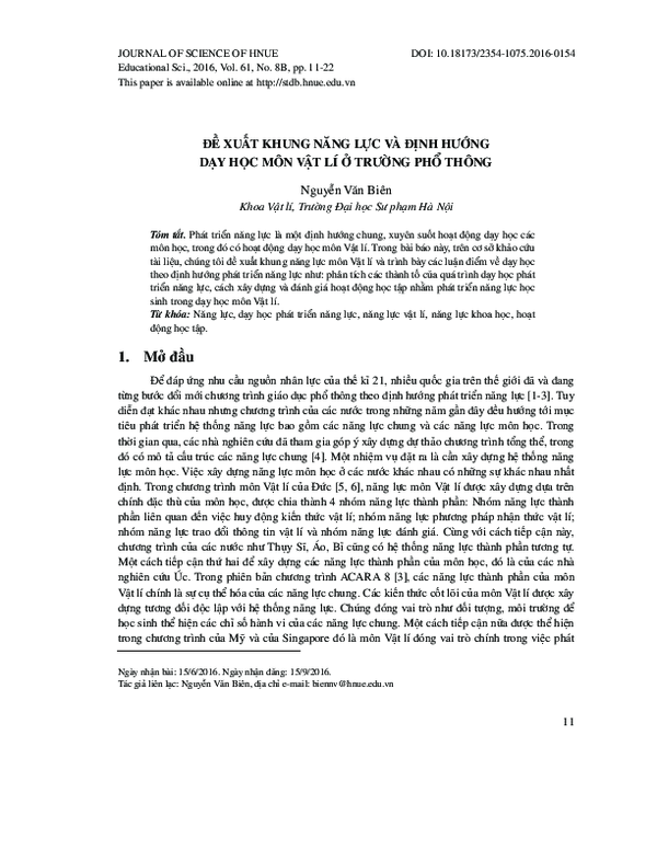 First page of “ĐỀ XUẤT KHUNG NĂNG LỰC VÀ ĐỊNH HƯỚNG DẠY HỌC MÔN VẬT LÍ Ở TRƯỜNG PHỔ THÔNG Nguyễn Văn Biên Khoa Vật lí, Trường Đại học Sư phạm Hà Nội”
