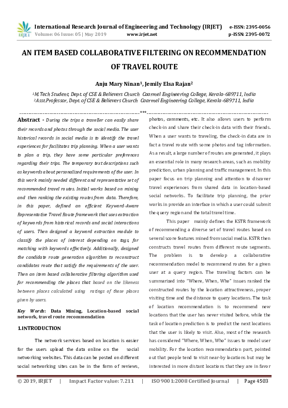 (PDF) AN ITEM BASED COLLABORATIVE FILTERING ON RECOMMENDATION OF TRAVEL ...