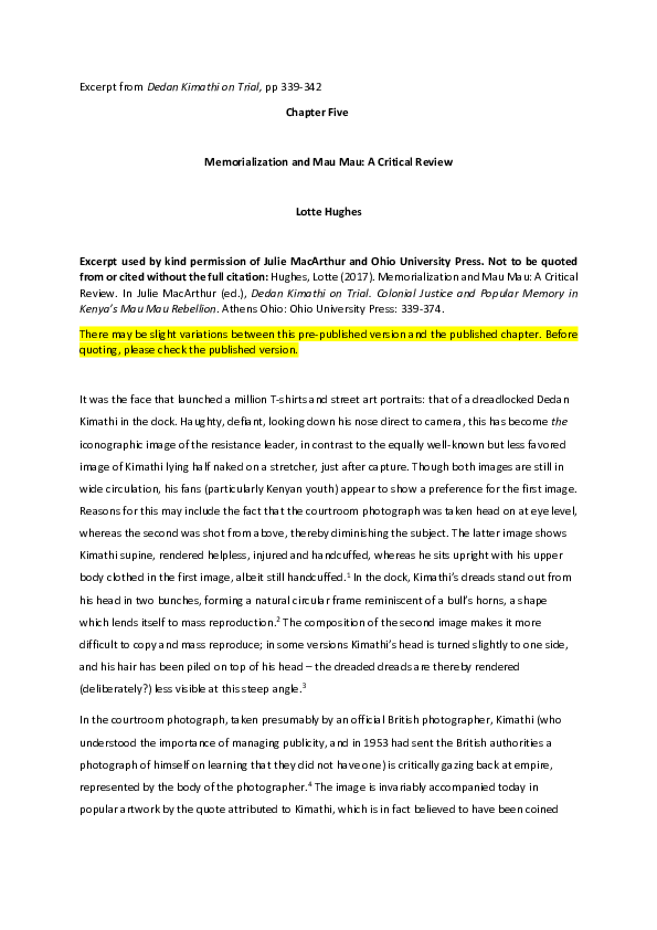 (DOC) Memorialization and Mau Mau A Critical Review Lotte Hughes Academia.edu