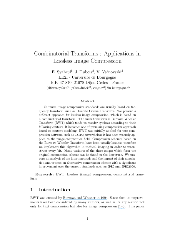 (PDF) Combinatorial Transforms : Applications in Lossless Image Compression