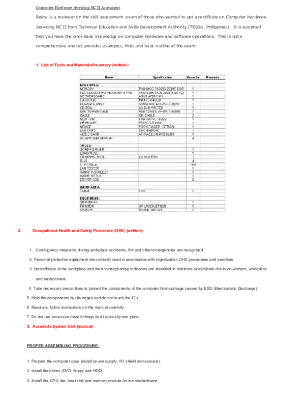 (PDF) Computer Hardware Servicing NC II Assesment