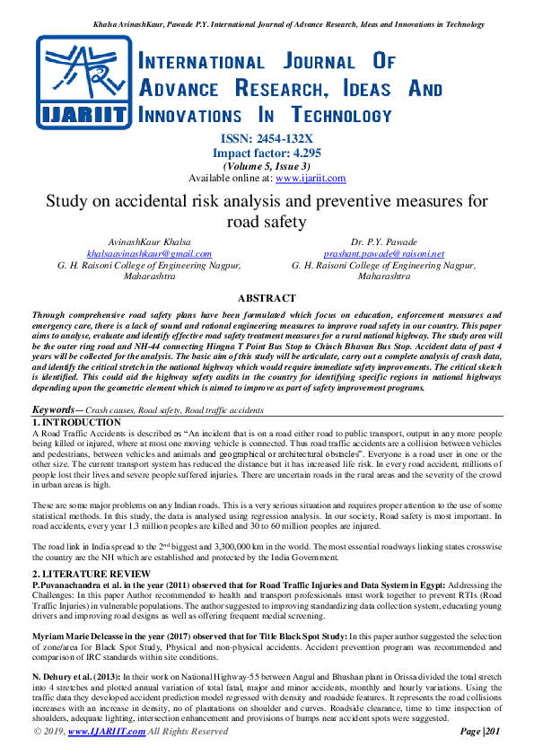 (PDF) Study on accidental risk analysis and preventive measures for road safety Ijariit
