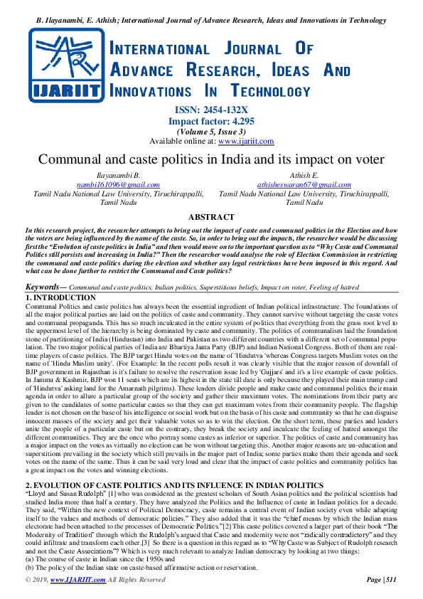 (PDF) Communal and caste politics in India and its impact on voter