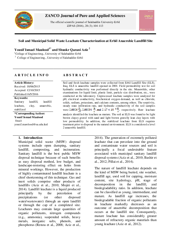 Pdf Soil And Municipal Solid Waste Leachate Characterization At Erbil
