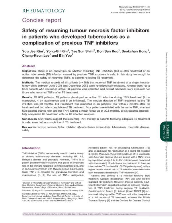 (PDF) Safety of resuming tumour necrosis factor inhibitors in patients ...
