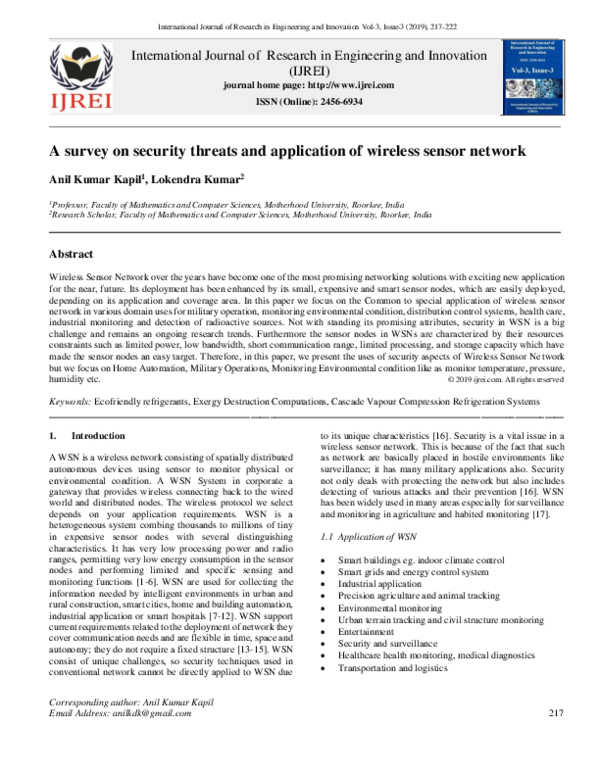 (PDF) A survey on security threats and application of wireless sensor ...