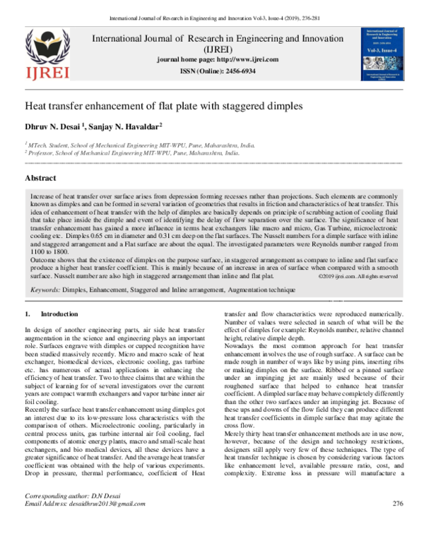 (PDF) Heat transfer enhancement of flat plate with staggered dimples