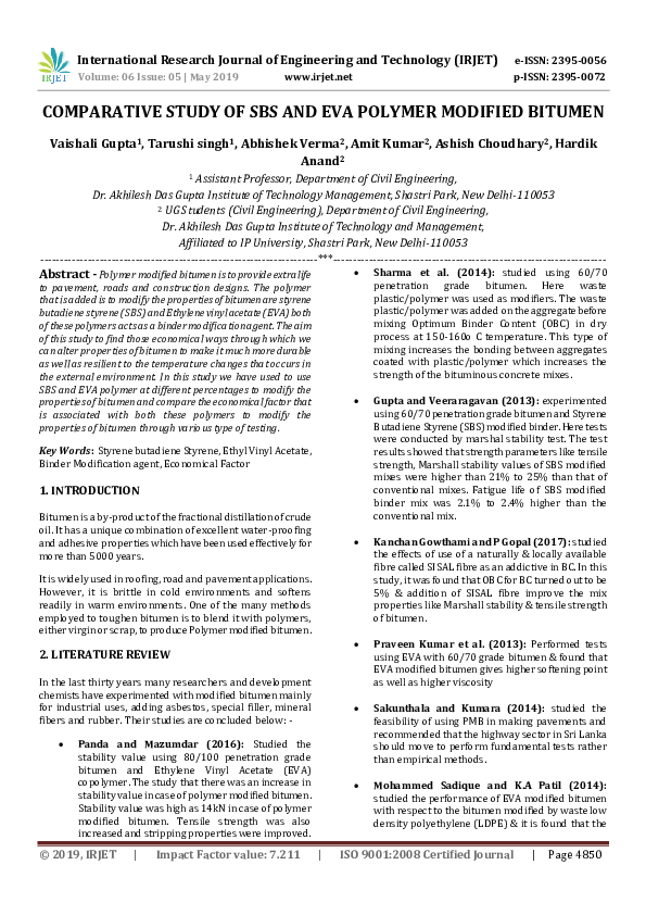 (PDF) IRJET- COMPARATIVE STUDY OF SBS AND EVA POLYMER MODIFIED BITUMEN