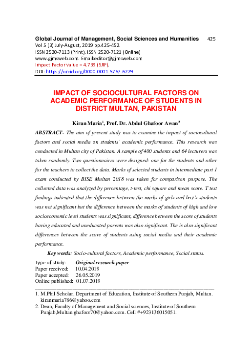 (PDF) IMPACT OF SOCIOCULTURAL FACTORS ON ACADEMIC PERFORMANCE OF ...