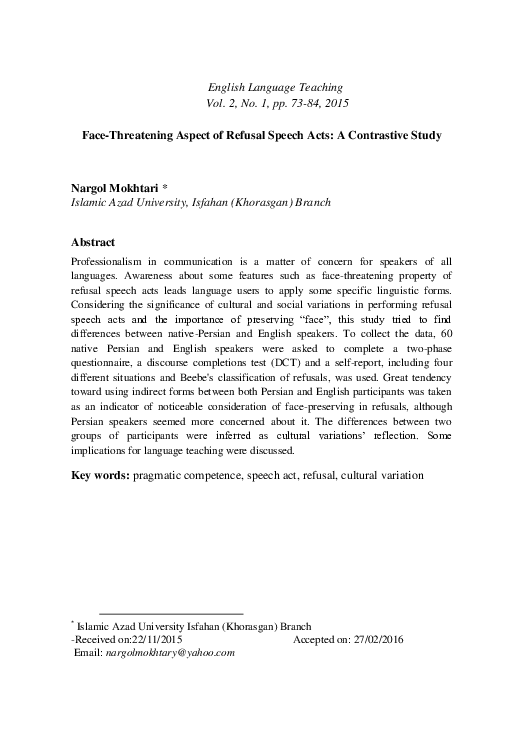 (PDF) FaceThreatening Aspect of Refusal Speech Acts A Contrastive