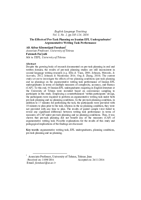 (PDF) The Effects of Pre-Task Planning on Iranian EFL Undergraduates ...