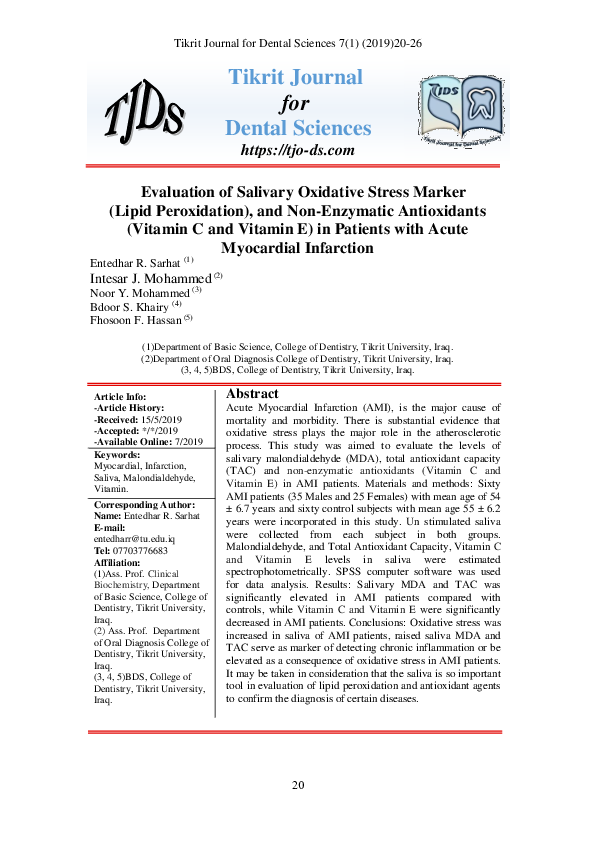 (PDF) Evaluation of Salivary Oxidative Stress Marker (Lipid ...