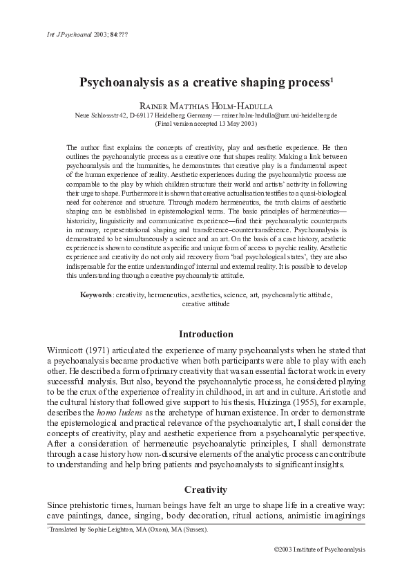 (PDF) Psychoanalysis as a creative shaping process