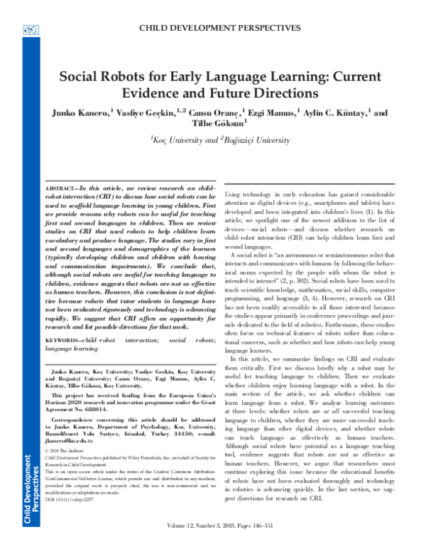 (PDF) Social Robots for Early Language Learning: Current Evidence and ...