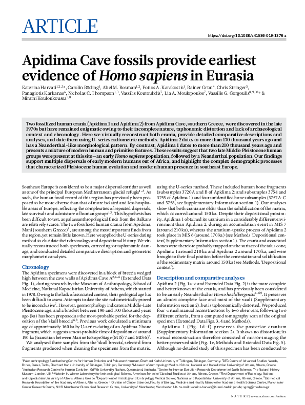 (PDF) Apidima Cave fossils provide earliest evidence of Homo sapiens in Eurasia Katerina