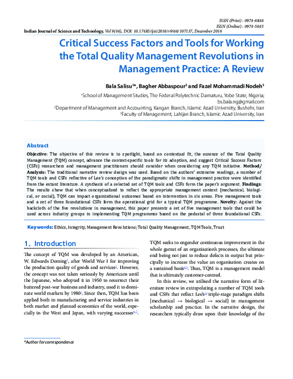 (PDF) Critical Success Factors and Tools for Working the Total Quality ...