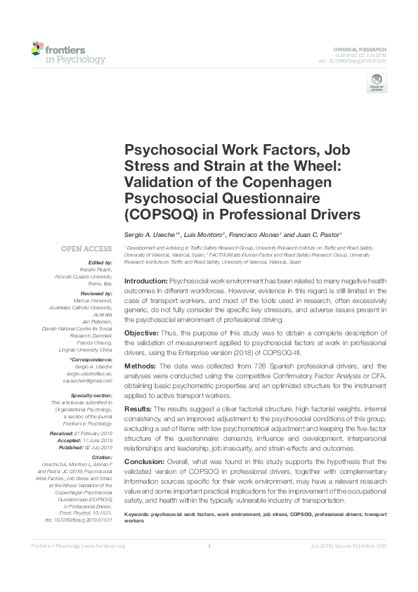 (PDF) Psychosocial Work Factors, Job Stress and Strain at the Wheel ...