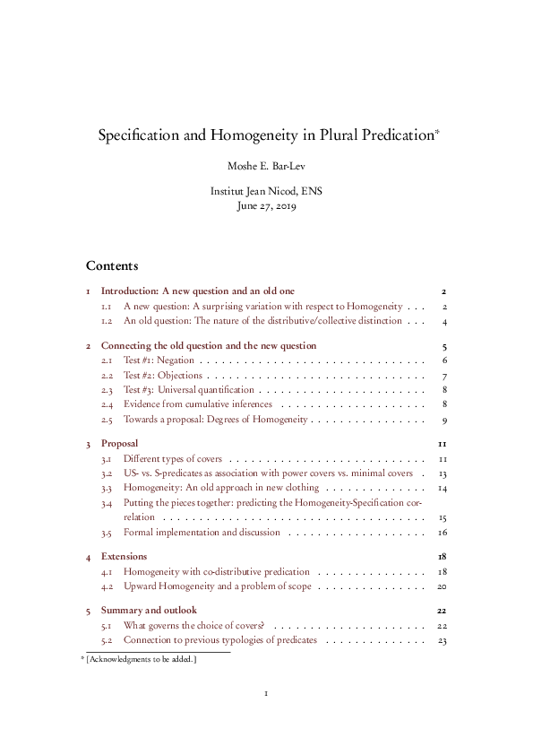 (PDF) Specification and Homogeneity in Plural Predication Moshe