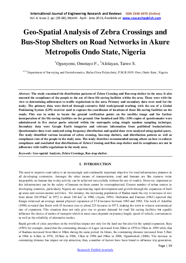 (PDF) GeoSpatial Analysis of Zebra Crossings and BusStop Shelters on Road Networks in Akure