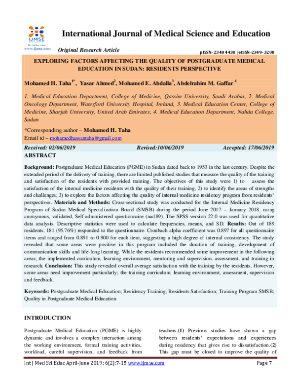 (PDF) EXPLORING FACTORS AFFECTING THE QUALITY OF POSTGRADUATE MEDICAL ...