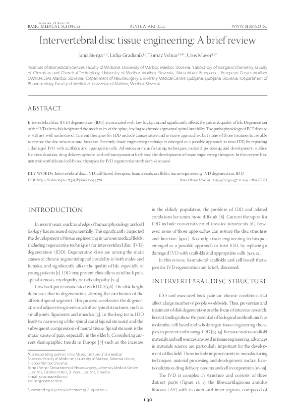 (PDF) Intervertebral disc tissue engineering: A brief review