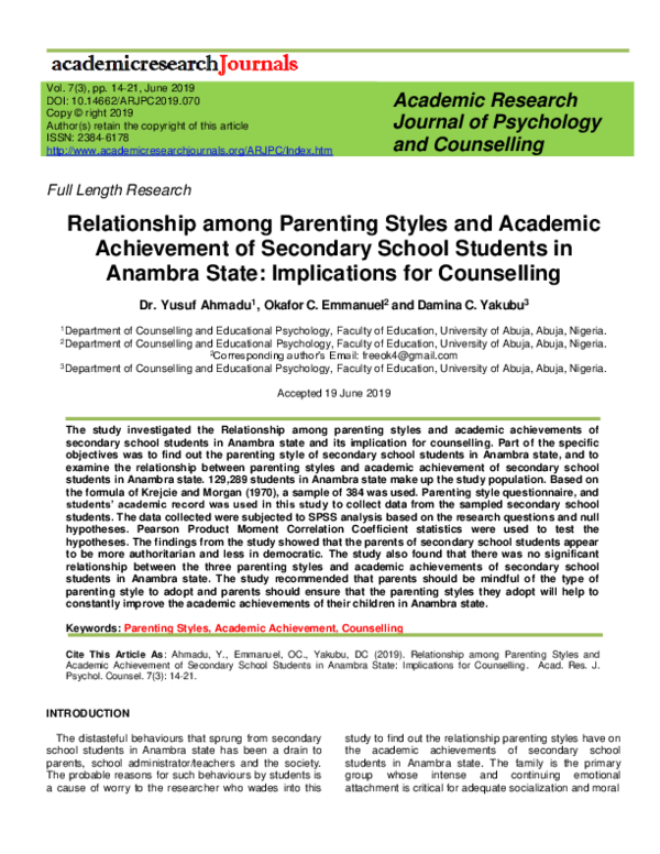 (DOC) Relationship among Parenting Styles and Academic Achievement of ...