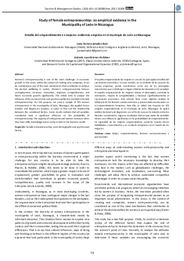 (PDF) Study of female entrepreneurship: an empirical evidence in the ...