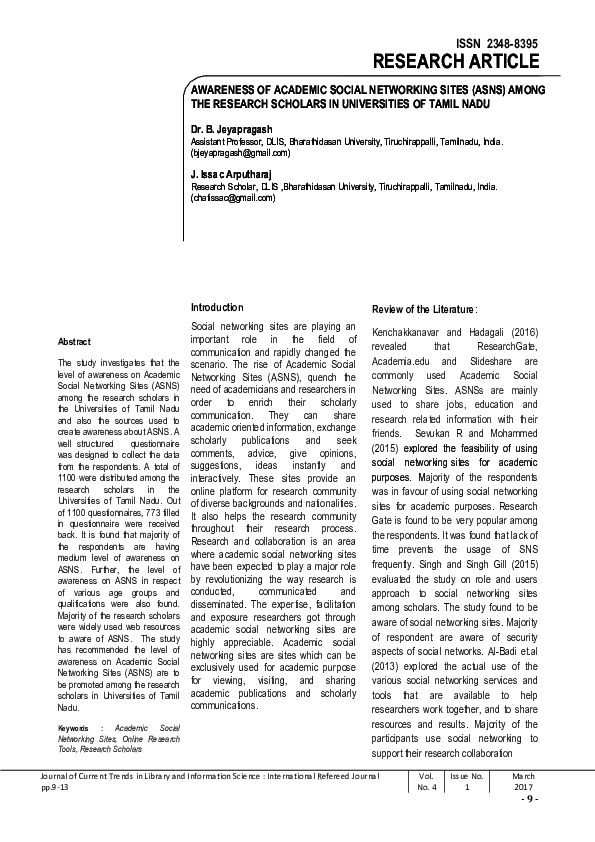 (PDF) AWARENESS OF ACADEMIC SOCIAL NETWORKING SITES (ASNS) AMONG THE ...