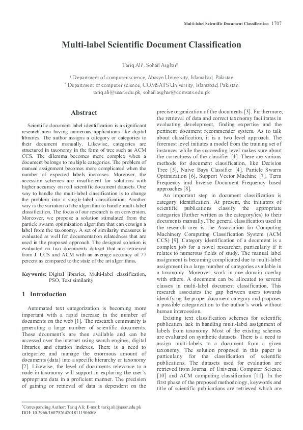 (PDF) Multi-label Scientific Document Classification 1707 Multi-label ...