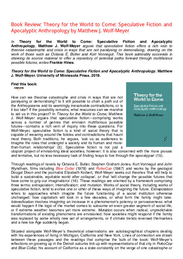 Theory for the World to Come Speculative Fiction and Apocalyptic Anthropology
