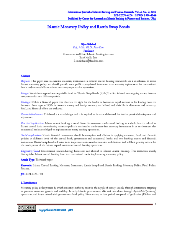 Pdf Islamic Monetary Policy And Rastin Swap Bonds Bijan Bidabad