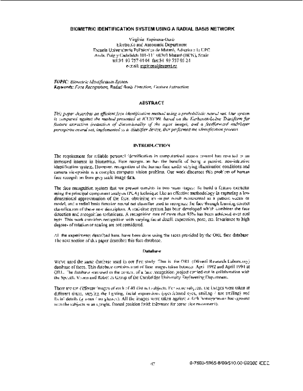 (PDF) Biometric identification system using a radial basis network Virginia Espinosaduró