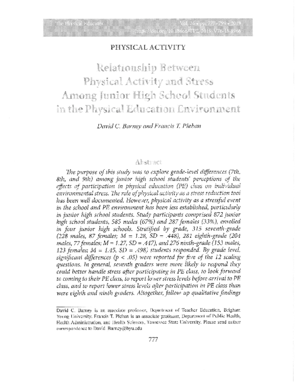 (PDF) Relationship Between Physical Activity and Stress Among Junior ...