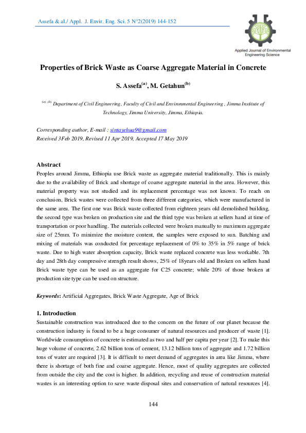 (PDF) Properties of Brick Waste as Coarse Aggregate Material in Concrete